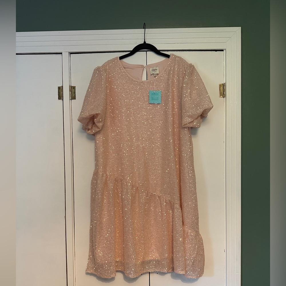 Hayden Plus Champagne Sequined Asymmetric Hem Puff Sleeve Dress